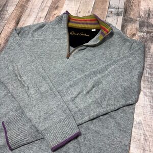 Robert Graham Quarter Zip Sweater Mens L Gray Striped Trim Cotton Classic Fit